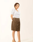 brown leather skirt with stitched waistband