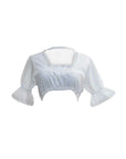 Traditional-style white crop top with ruffled short sleeves, elastic hem, and delicate lace edging along the neckline