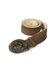 Vintage-style leather belt with oval metal buckle depicting a stag in a forest scene