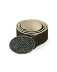 Traditional brown suede belt with decorative engraved buckle showcasing swirling floral motifs