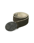 Traditional brown suede belt with decorative engraved buckle showcasing swirling floral motifs