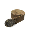 Traditional brown Trachten belt with ornate crest buckle alpine design