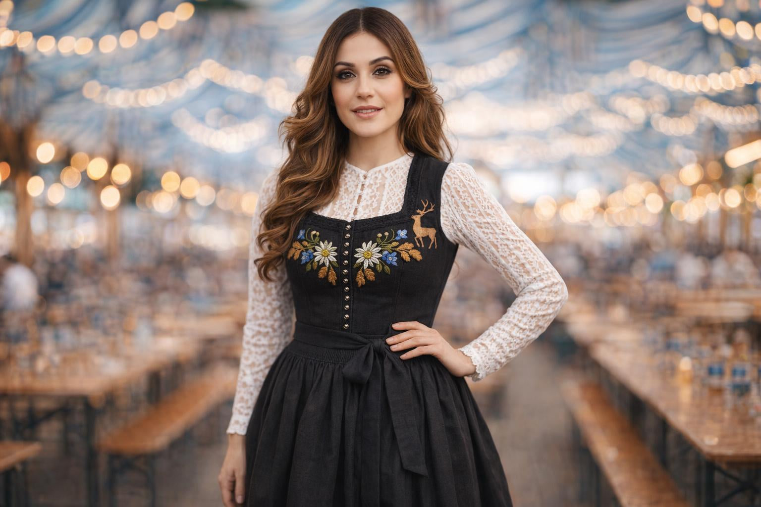 Authentic Bavarian dirndl with structured boning and textured embroidery compared to cheap costume styles, highlighting natural fabric grain and traditional Alpine silhouettes in a festive setting.
