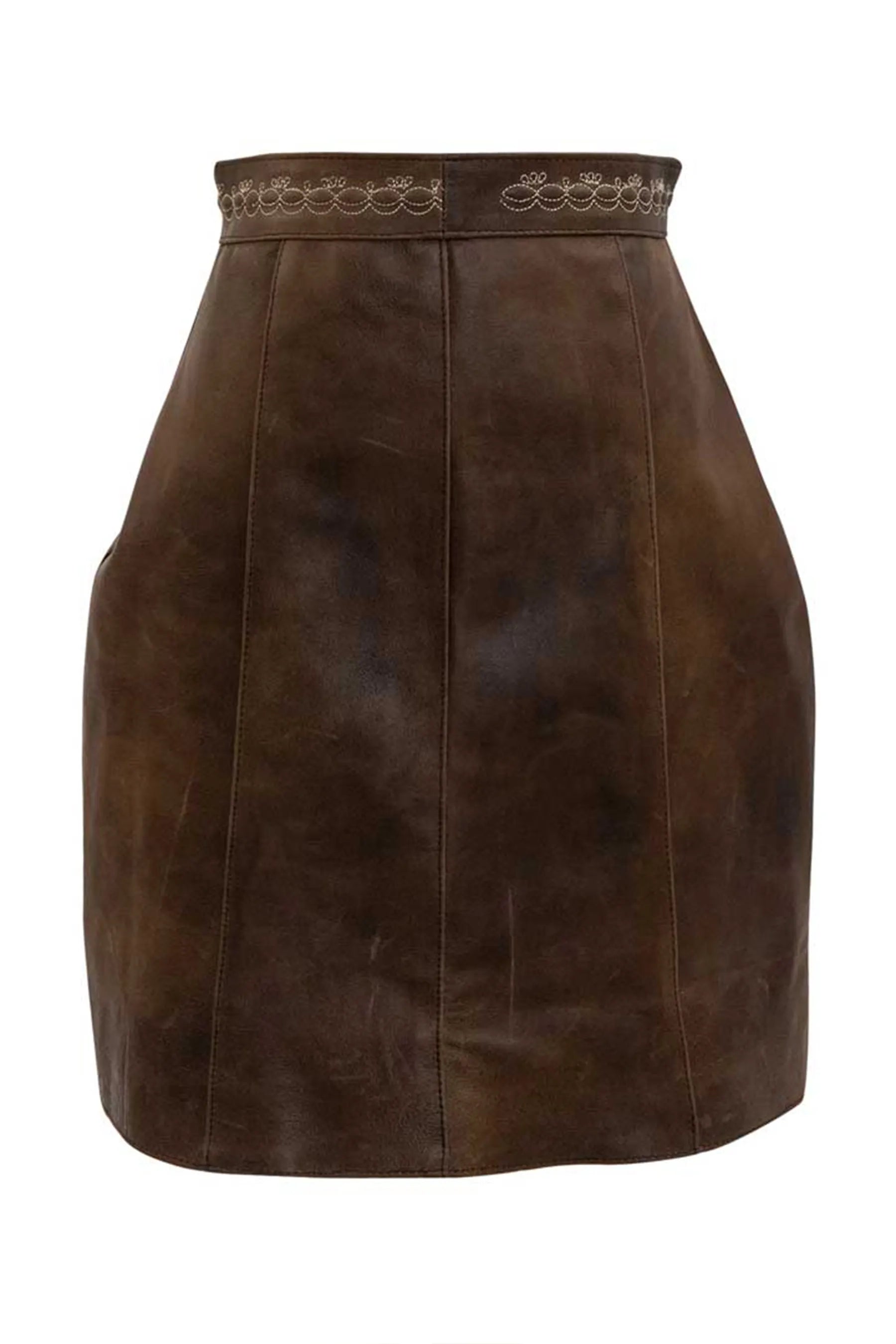 Traditional-style brown leather skirt with structured panels, front zipper, and ornamental stitching at the waist