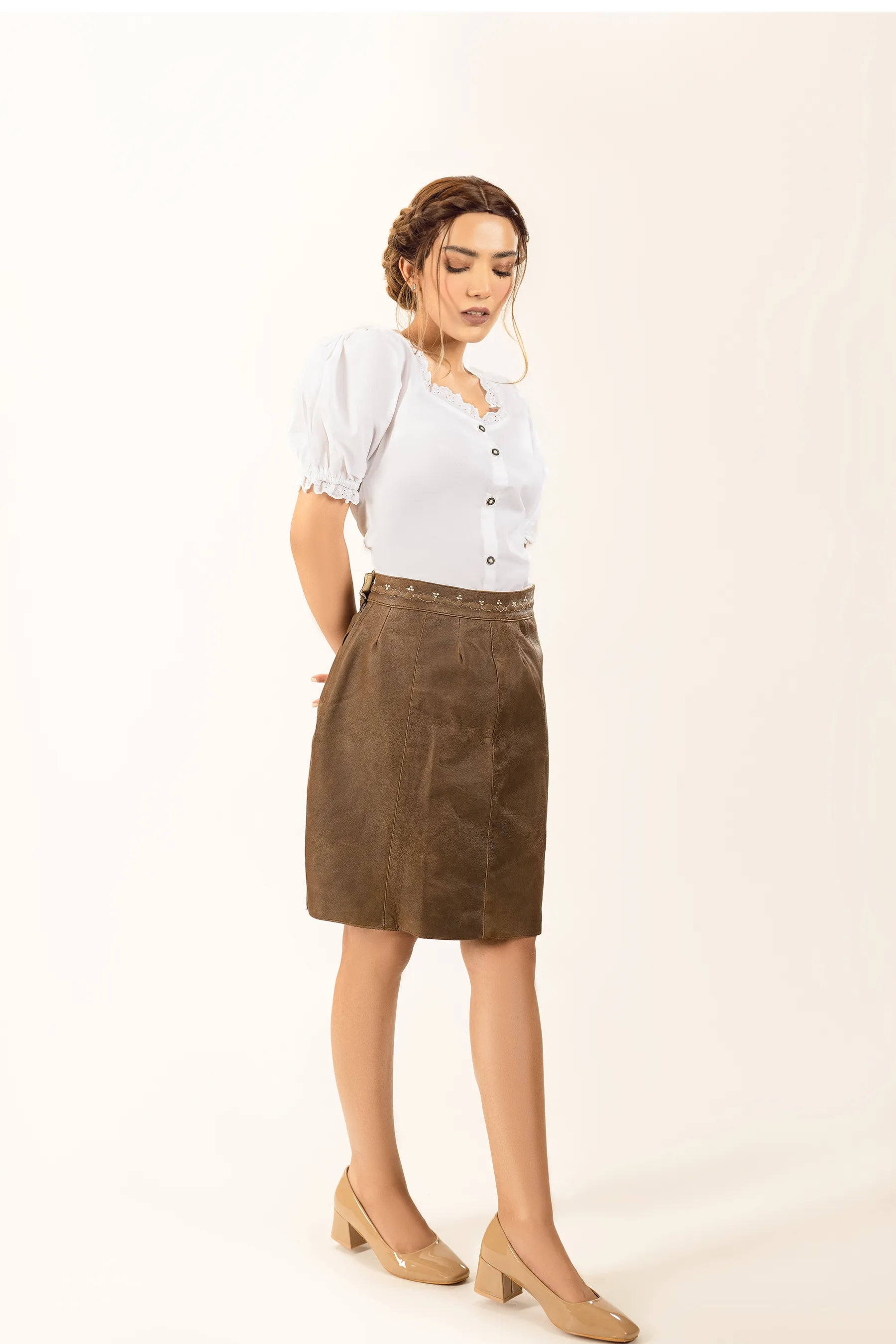 brown leather skirt with stitched waistband