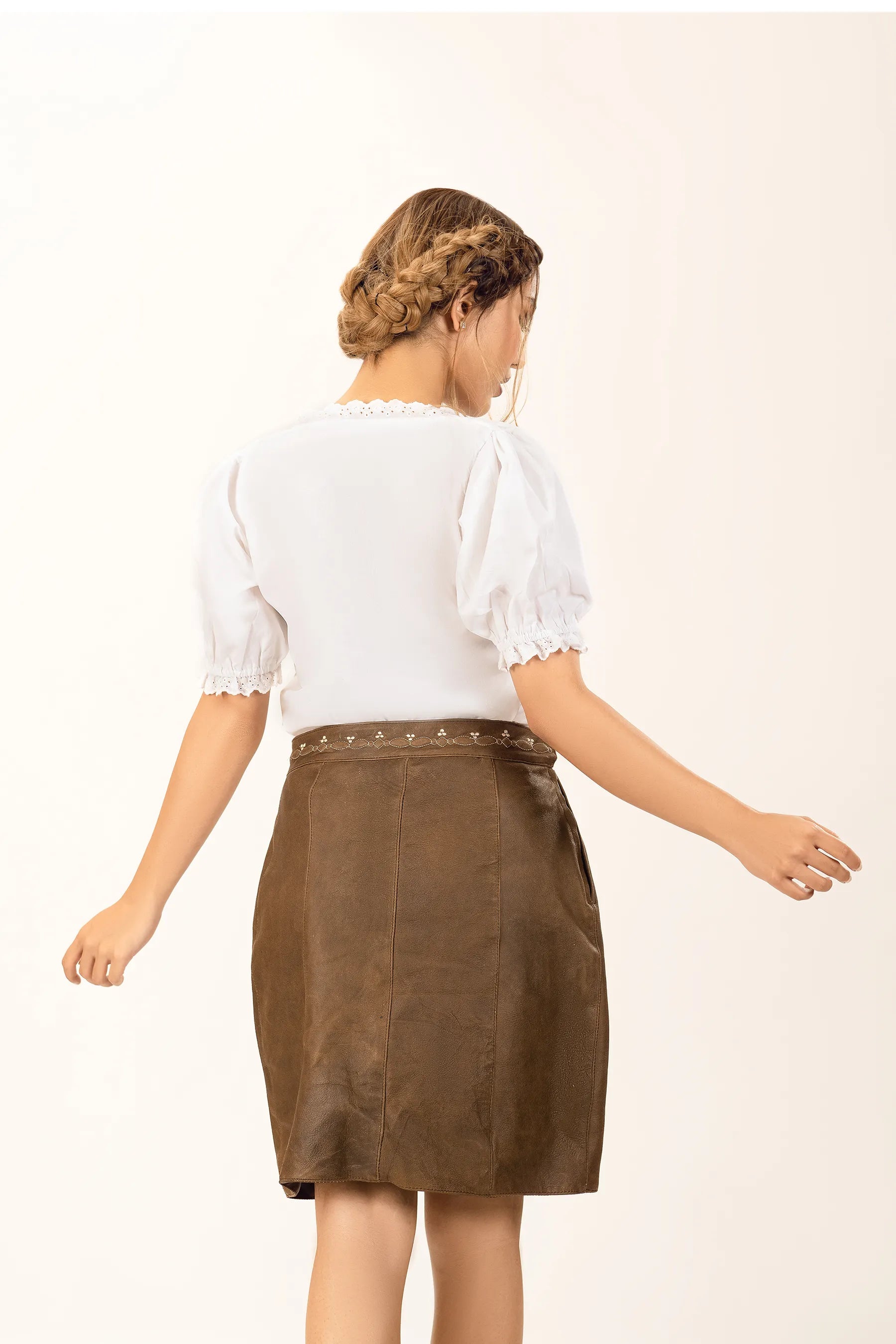 brown leather skirt with stitched waistband