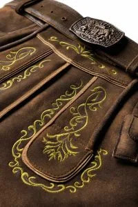 Coffee Brown Lederhosen with Sophisticated Green Embroidery