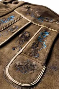 Faded Brown Lederhosen with Delicate Blue Embroidery