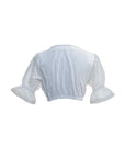 Traditional-style white crop top with ruffled short sleeves, elastic hem, and delicate lace edging along the neckline