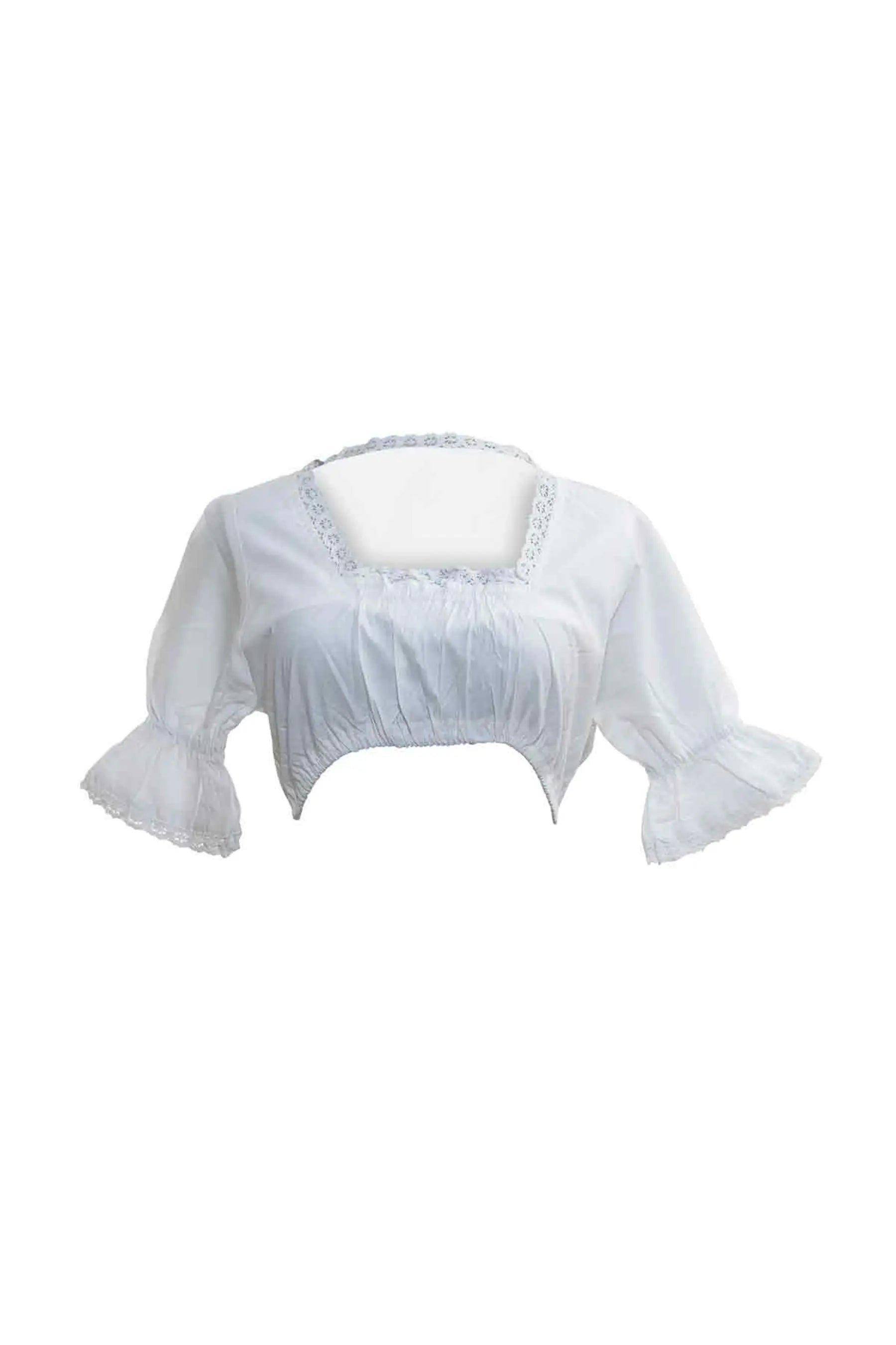 White dirndl blouse with puff sleeves and lace neckline
