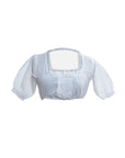White dirndl blouse lace trim square neckline puff sleeves traditional Bavarian