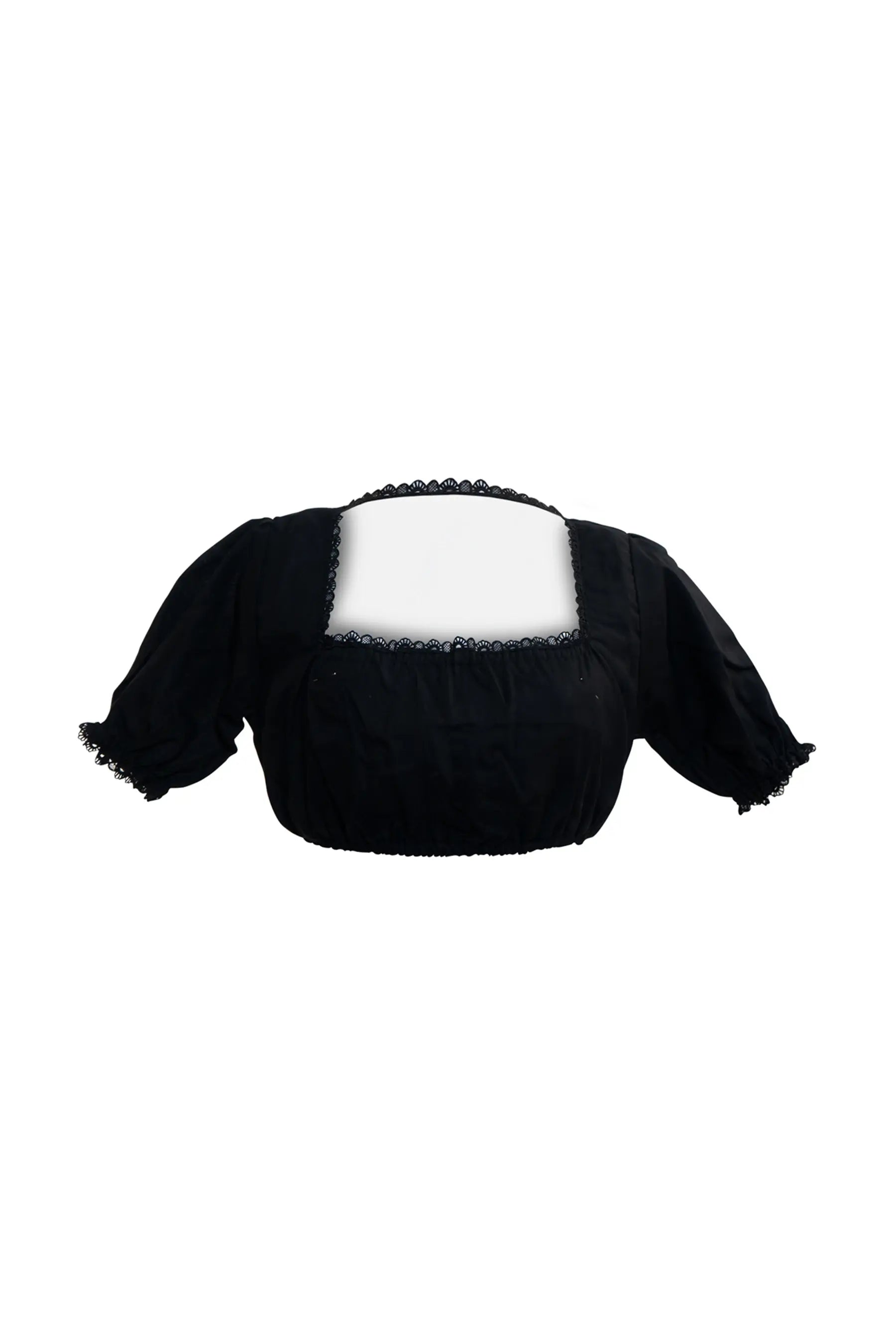 Black dirndl blouse with puff sleeves and lace neckline