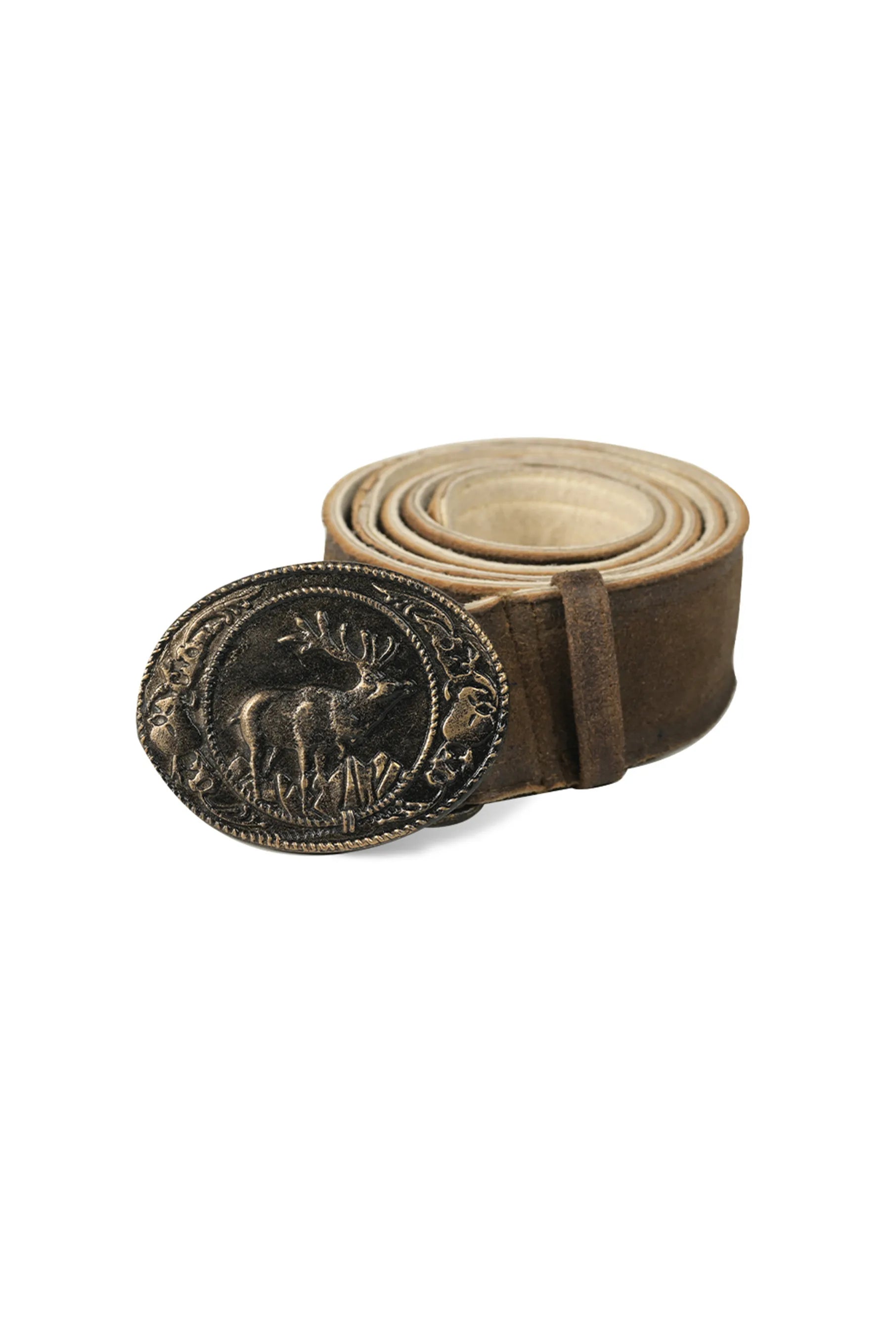 Vintage-style leather belt with oval metal buckle depicting a stag in a forest scene