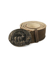 Vintage-style leather belt with oval metal buckle depicting a stag in a forest scene