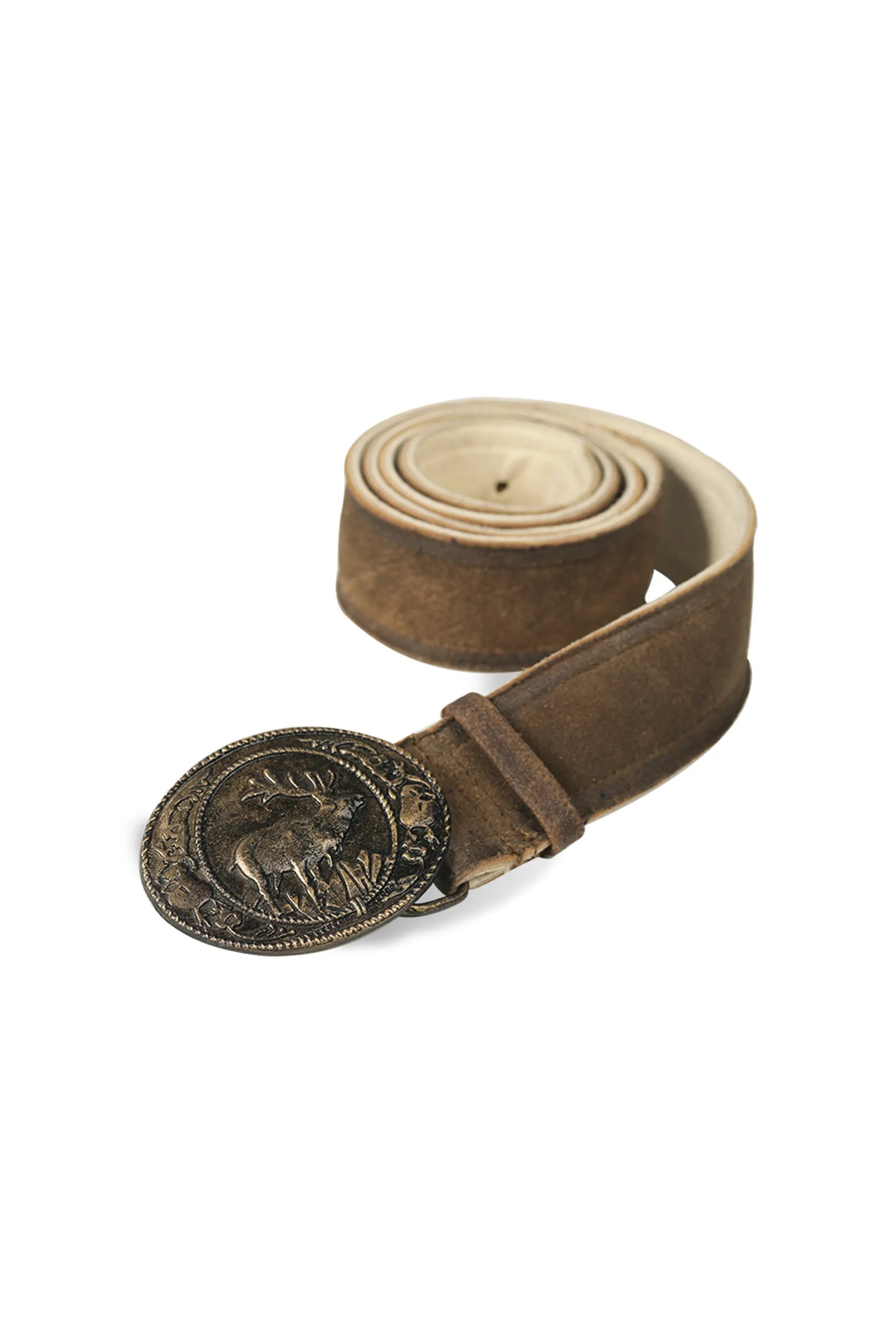 Vintage-style leather belt with oval metal buckle depicting a stag in a forest scene