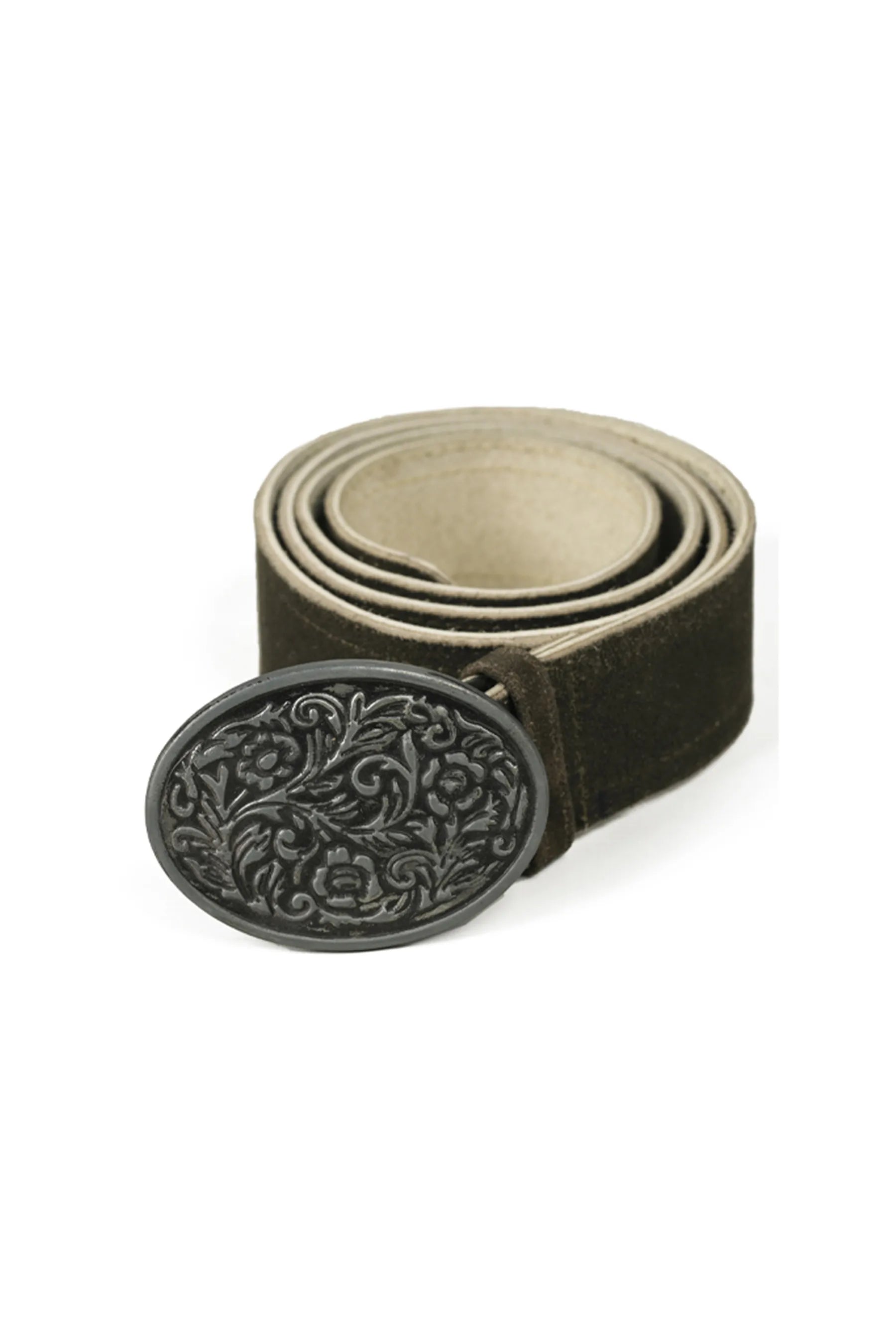 Traditional brown suede belt with decorative engraved buckle showcasing swirling floral motifs