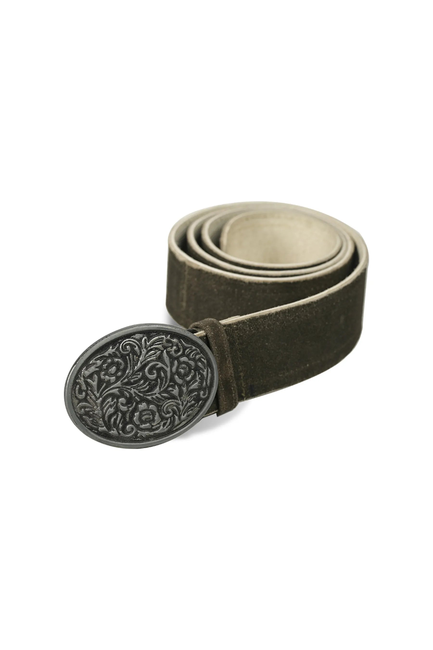 Traditional brown suede belt with decorative engraved buckle showcasing swirling floral motifs