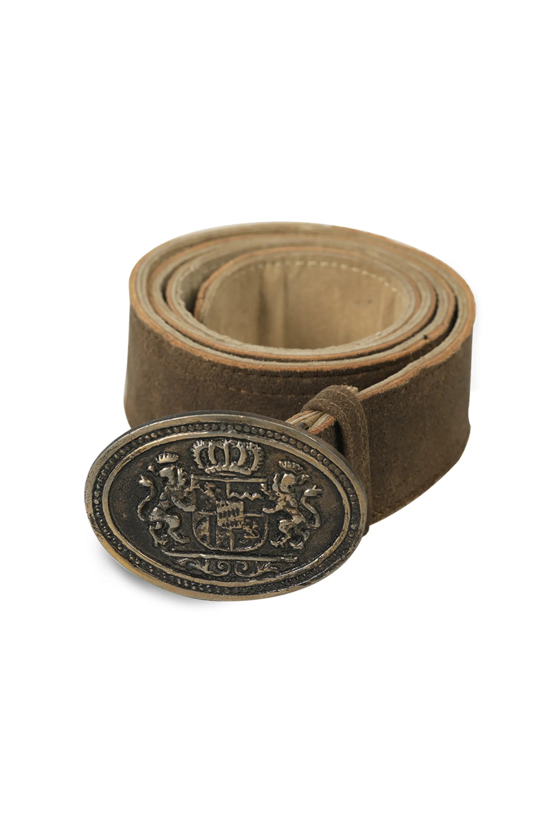 Traditional brown Trachten belt with ornate crest buckle alpine design
