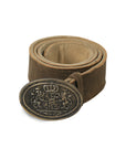 Traditional brown Trachten belt with ornate crest buckle alpine design