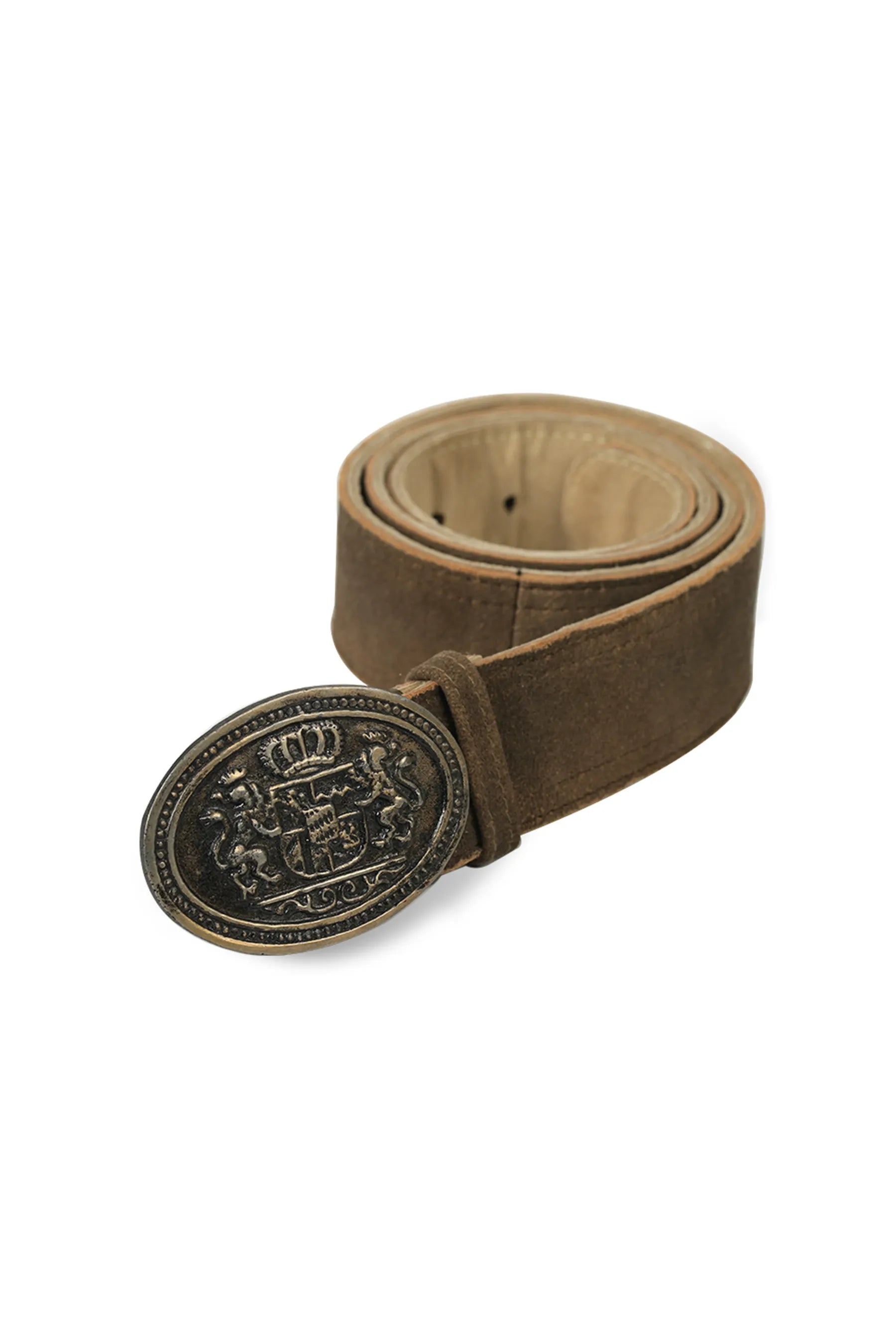 Traditional brown Trachten belt with ornate crest buckle alpine design