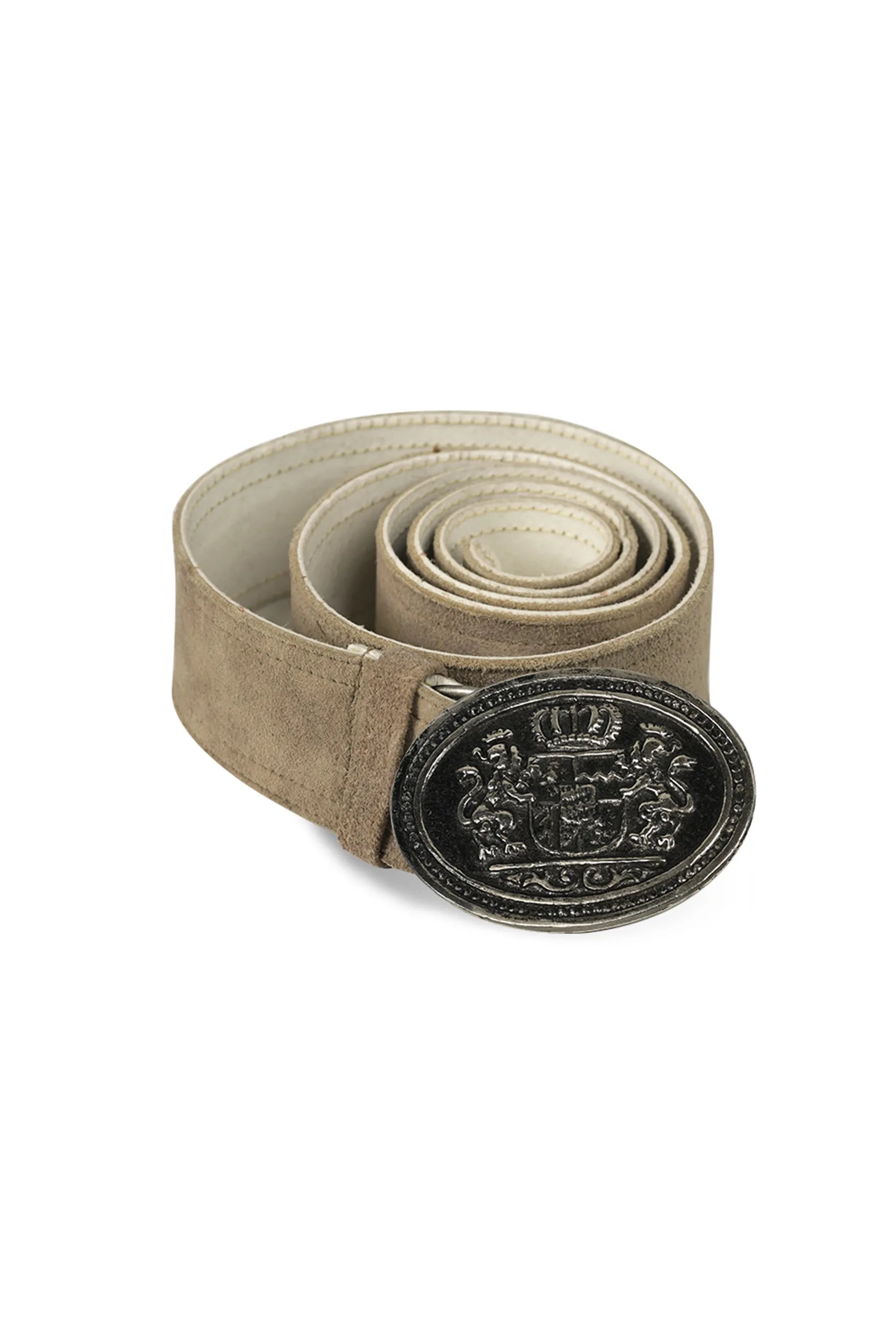 Brown suede belt with ornate metal crest buckle, Bavarian Oktoberfest accessory