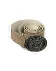 Brown suede belt with ornate metal crest buckle, Bavarian Oktoberfest accessory