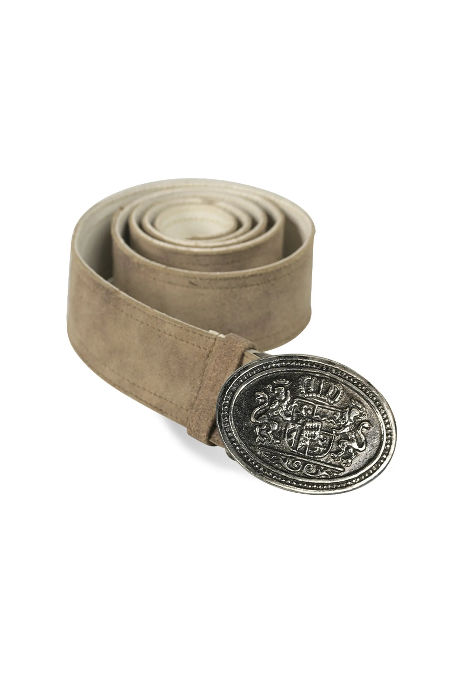 Brown suede belt with ornate metal crest buckle, Bavarian Oktoberfest accessory