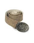 Brown suede belt with ornate metal crest buckle, Bavarian Oktoberfest accessory