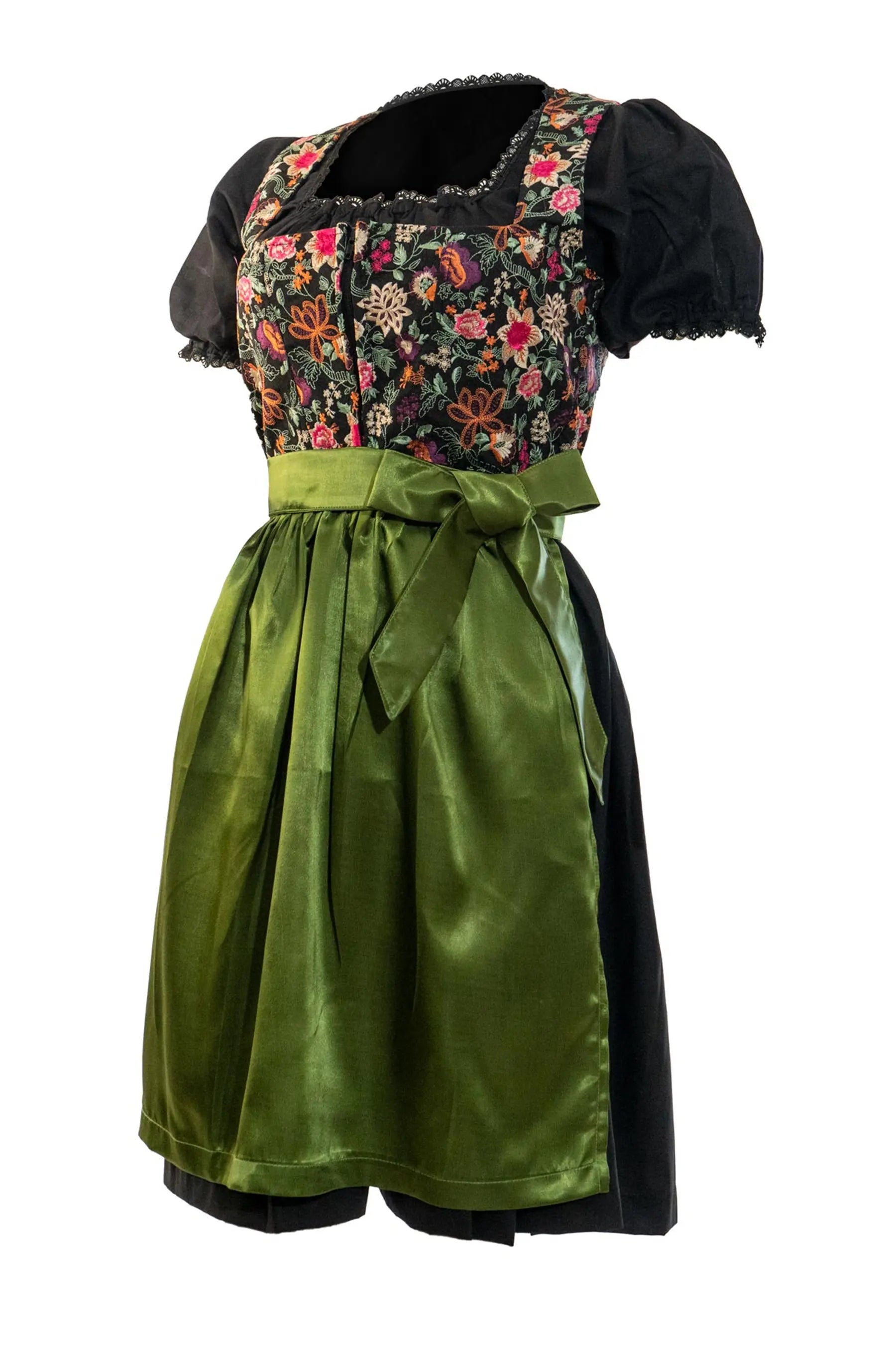 Curvy black and green German dirndl dress with apron