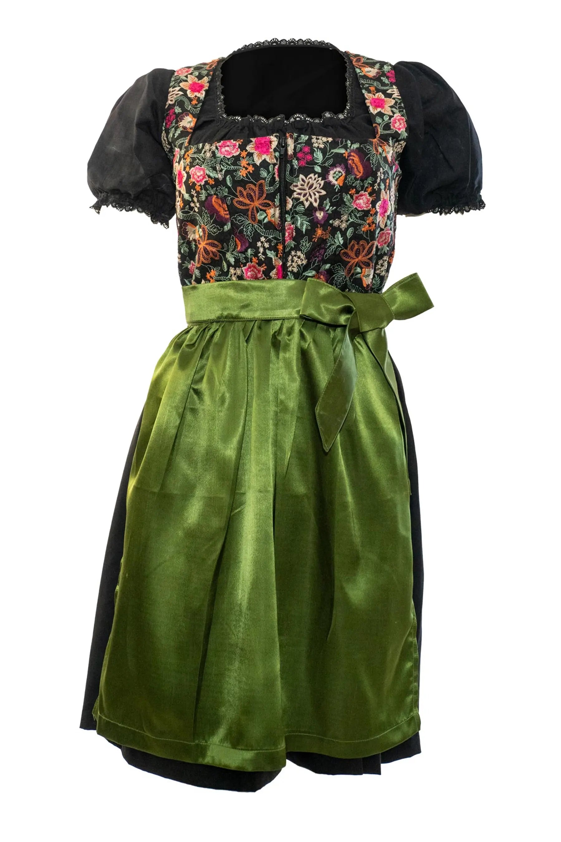Curvy black and green German dirndl dress with apron